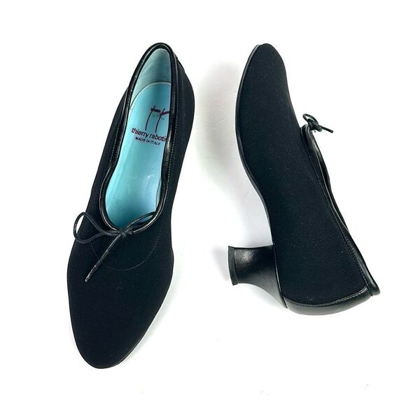 Thierry Rabotin Black Heels Pumps Canvas & Leather Bow Details Italy 38 1/2 US 8 - Picture 6 of 16